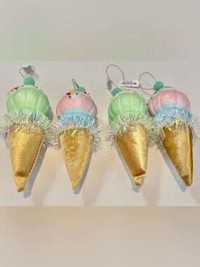 Pastel Ice Cream Cone Holiday Ornament - Set of Decorative Tree Ornaments(4)